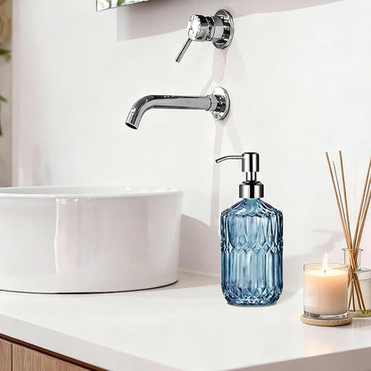 COHOSEGE 17 Oz Blue Glass Kitchen Soap Dispenser for Dish Soap, 2 Pack Bathroom Soap Dispenser Set with Silvery Rust Proof Pump for Lotion, Hand soap or Body Wash