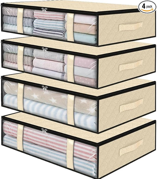 StorageRight Under Bed Storage Bags 4 Pack, 40L Large Clothes & Comforter Storage Containers with Clear Window, Breathable Fabric Organizer for Blankets, Bedding, Seasonal Clothing, Beige