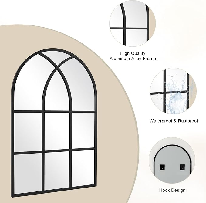 Arched Window pane Wall Mirror 30"x40", Window Shaped Farmhouse Style with Aluminum Frame, Decorative Wall Mirror Leaning Hanging for Living Room, Courtyard, Bedroom, Entryway, Black