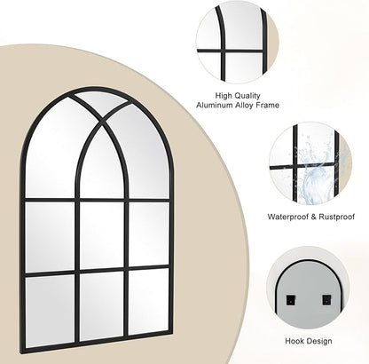 Arched Window pane Wall Mirror 30"x40", Window Shaped Farmhouse Style with Aluminum Frame, Decorative Wall Mirror Leaning Hanging for Living Room, Courtyard, Bedroom, Entryway, Black