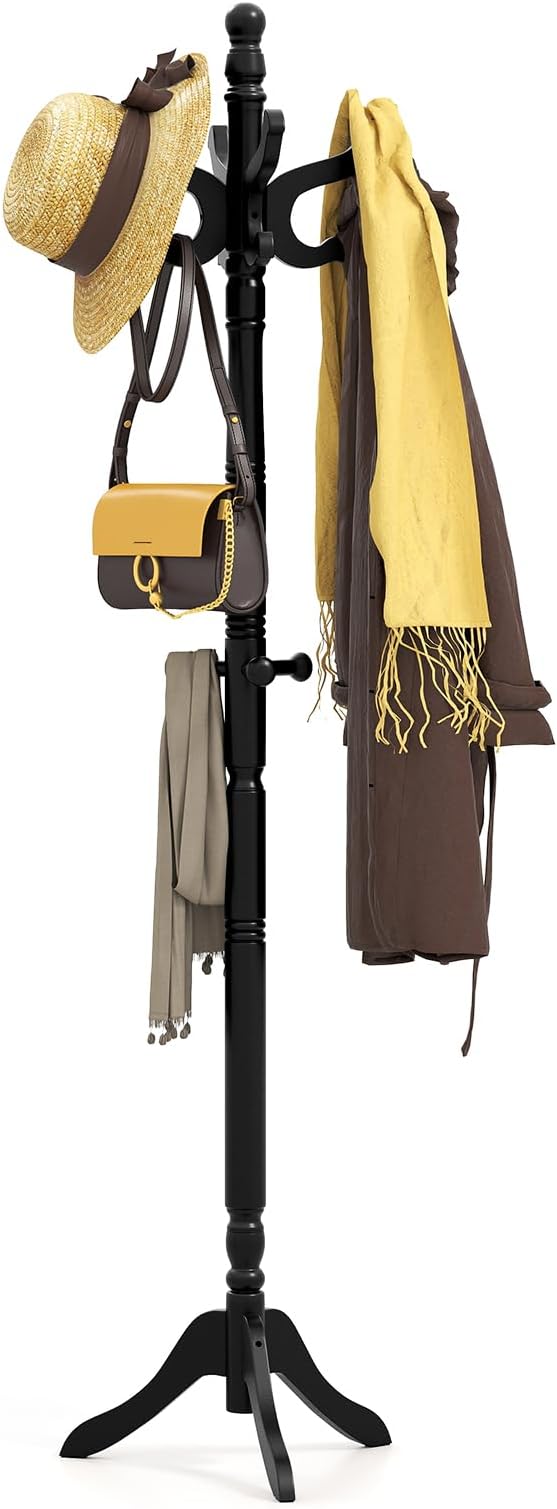 Tangkula Coat Rack Freestanding, Solid Rubber Wood Coat Tree with 11 Hooks and 3 Height Options for Coats, Hats, Bags, Purses, Clothes, Hanger Stand for Entryway Hallway Bedroom Office (Black)
