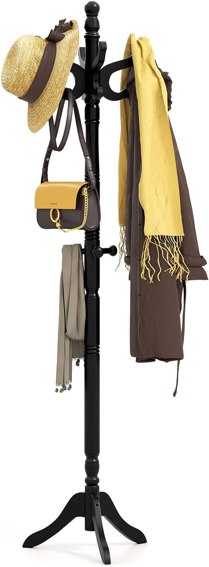 Tangkula Coat Rack Freestanding, Solid Rubber Wood Coat Tree with 11 Hooks and 3 Height Options for Coats, Hats, Bags, Purses, Clothes, Hanger Stand for Entryway Hallway Bedroom Office (Black)