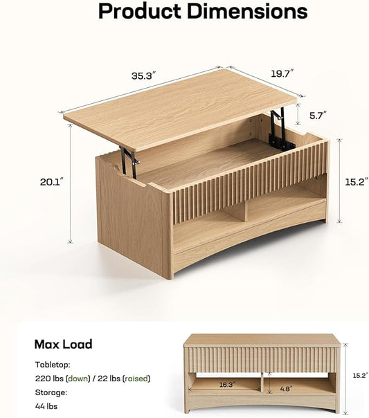 Marsail Lift-Top Coffee Table, Fluted Center Table with Hidden Compartments, Smooth Lifting & Space-Saving Design, Versatile Wood Coffee Table for Living Room and Office, Oak