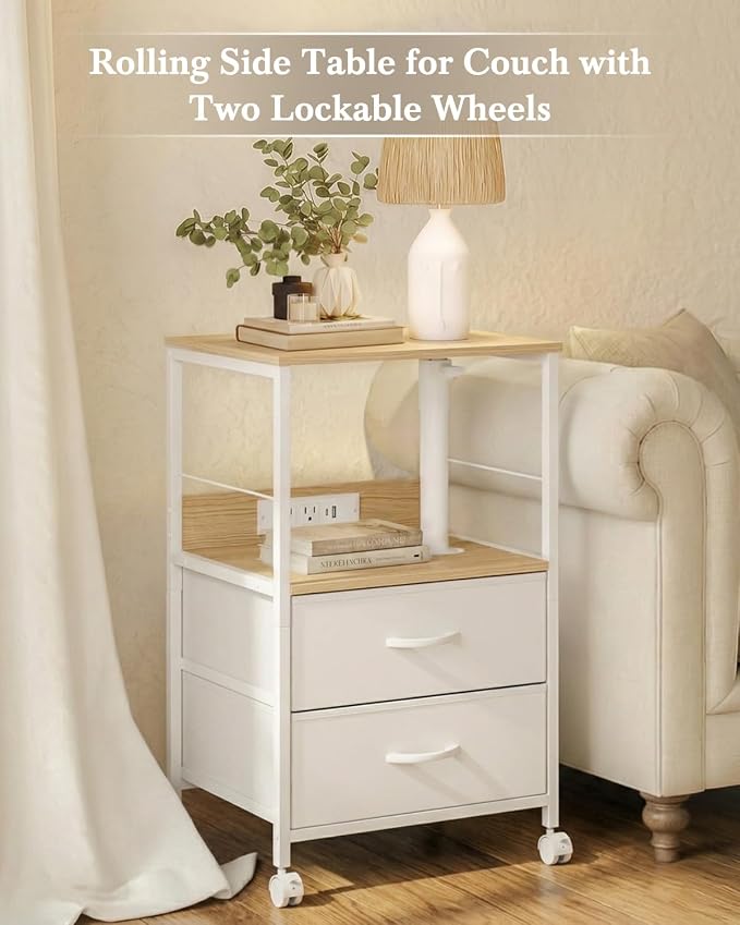 Faesun Swivel Lift Top Nightstand with Charging Station, Rolling Side Table for Recliner, Bedside Table with Wheels & 2 Fabric Drawers, for Small Spaces, for Bedroom, Living Room, Oak White