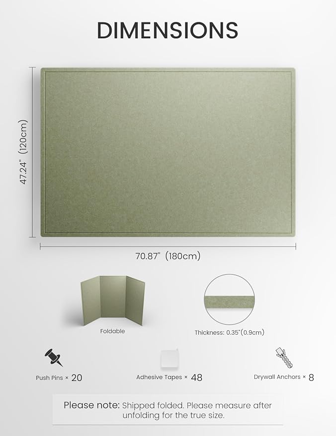 Fluxynara Large Bulletin Board, 70.8" x 47.2" Cork Board Alternative with 48 Safe Removable Adhesive Tabs, Foldable Felt Pin Board for Home Office, Classroom, Bedroom,Entryway for Walls— Sage
