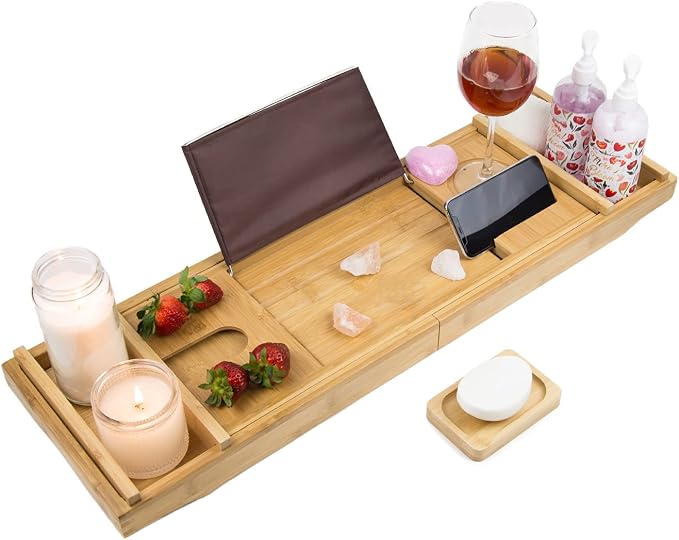 Premium Bamboo Bathtub Tray Caddy for Tub - Expandable Foldable Bath Tray - Unique House Warming Gifts, New Home, Anniversary & Wedding Gifts for Couple, Bath Table Bridal Shower Gift