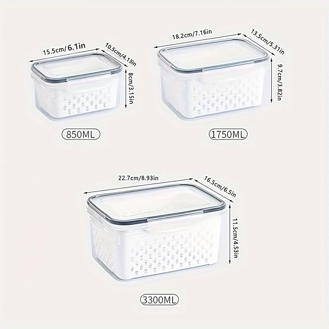3pcs 4 in 1 Fruit Containers for Fridge with Removable Colanders and Lids, Airtight Storage Container to Keep Fruits, Vegetables, Berry, Meat Fresh Longer, Dishwasher & Microwave Safe