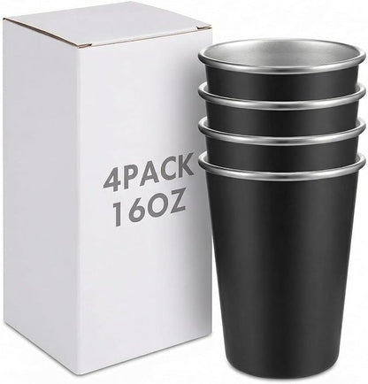 Mimorou 4 Pack 16 oz Stainless Steel Pint Cups Metal Cups Unbreakable Drinking Water Tumblers Stackable Tumbler for Adults Bar Home Restaurant Travel Picnic Camping Outdoor (Black)