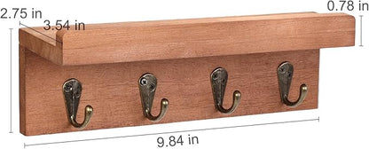Rustic Key Holder for Wall, Farmhouse Wall Shelf with 4 Hooks, Wall Mounted Key Racks, Wooden Mail Organizer with Hooks for Entryway (Brown - Oak)