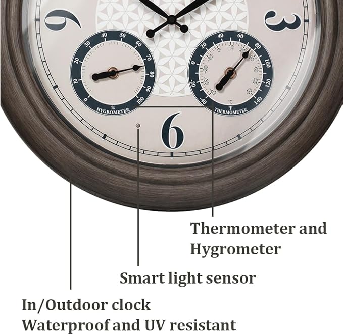 Presentime & Co. 18 Inch Illuminated Outdoor Clock, Waterproof Lighted Large Wall Clock with Thermometer & Hygrometer, Elegant & Vintage Home Decor for Garden, Patio, Pool, Grey Oak Finish