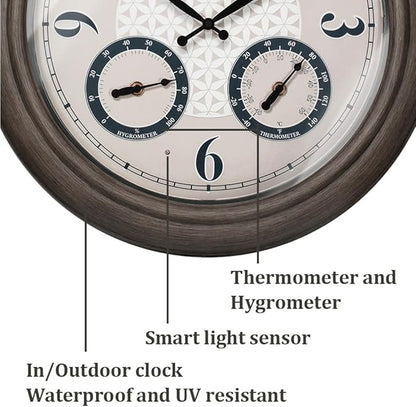 Presentime & Co. 18 Inch Illuminated Outdoor Clock, Waterproof Lighted Large Wall Clock with Thermometer & Hygrometer, Elegant & Vintage Home Decor for Garden, Patio, Pool, Grey Oak Finish