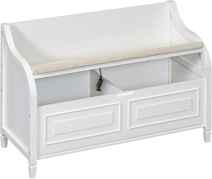 Bellemave Storage Bench with Safety Hinge Wooden Entryway Benches with Shoe Cabinets Under Seat Multifunctional Storage Bench for Entryway, Foyer or a Mudroom (White + Beige)