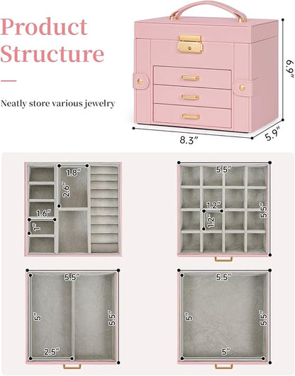 TORIBIO Jewelry Box for Women, Leather Jewelry Organizer with Mirror & Lock, 4-Tier Jewelry Storage Organizer with 3 Drawers for Girls/Women/Mothers, Necklace Earring Bracelets Holder Organizer