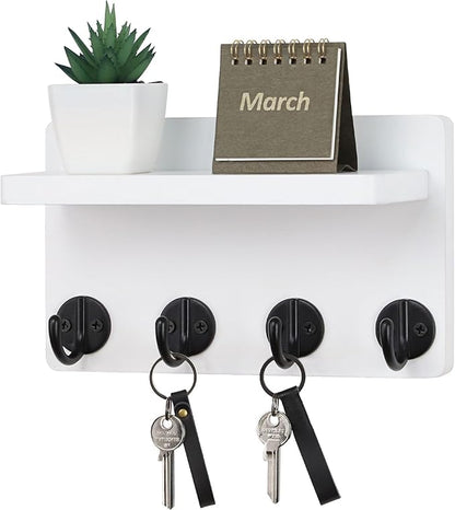 Nekon Key Holder Wall Mount, 8.5 Inch Small Home Decor Wooden Wall Organizer with 4 Hooks and Shelf, Wall Decor for Living Room Entryway Kitchen (White)