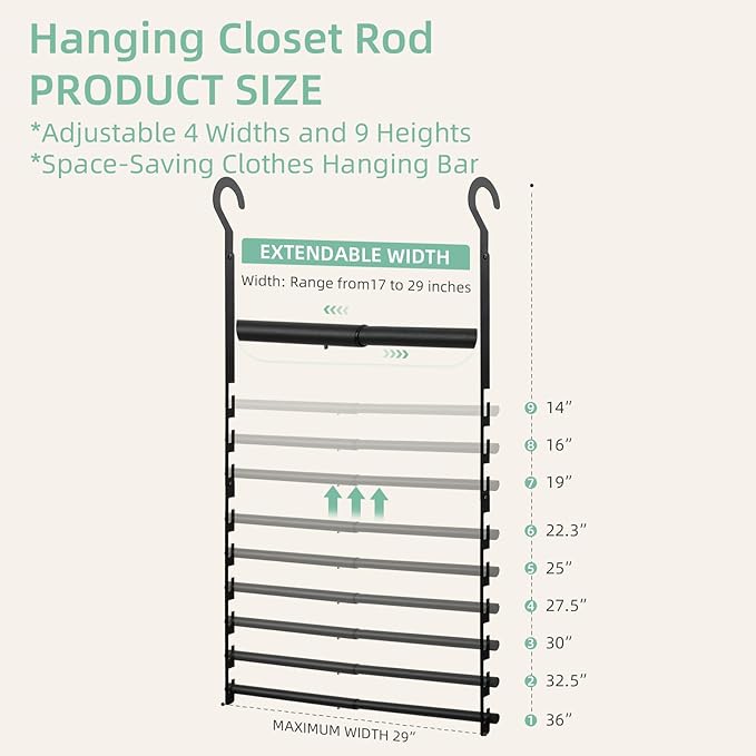 Closet Lower Hanging Bar, Adjustable Width and Height Closet Hanging Organizer Heavy Duty Closet Extender Hanging Rod Space-Saving Clothes Hanging Bar,2 Pack Black