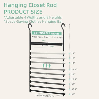 Closet Lower Hanging Bar, Adjustable Width and Height Closet Hanging Organizer Heavy Duty Closet Extender Hanging Rod Space-Saving Clothes Hanging Bar,2 Pack Black