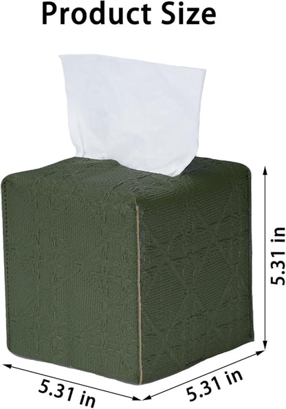 Tissue Box Cover 2-Pack, Square Tissue Holder with Bottom Belt, Modern Tissue Case Facial Paper Organizer Dispenser for Bathroom, Office, Home, Table, Car, Green, Linen Pattern