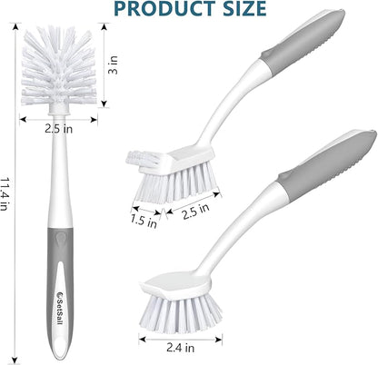 SetSail Dish Brush Set of 3 Piece, Dish Scrub Brush with Long Handle Deep Cleaning Brush with Scraper Tip for Kitchen Dishes Bottle Cup Pot Pan, Grey