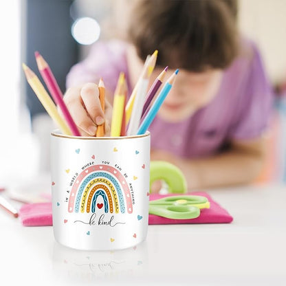 WAVEYU Pen Holder, Ceramic Durable Pencil Cup for Desk， Simple&Modern Style Makeup Organizer, Cute Multifunctional Office Supplies for Home, Kids and School, Rainbow Pattern