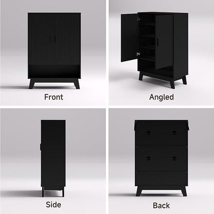 4-Tier Fluted Shoe Cabinet with 2 Doors & Open Shelf, Mid Century Modern Shoe Storage Organizer with Adjustable Shelves, Metal Handles & Wood Legs, Hidden Shoe Rack for Entryway, Hallway