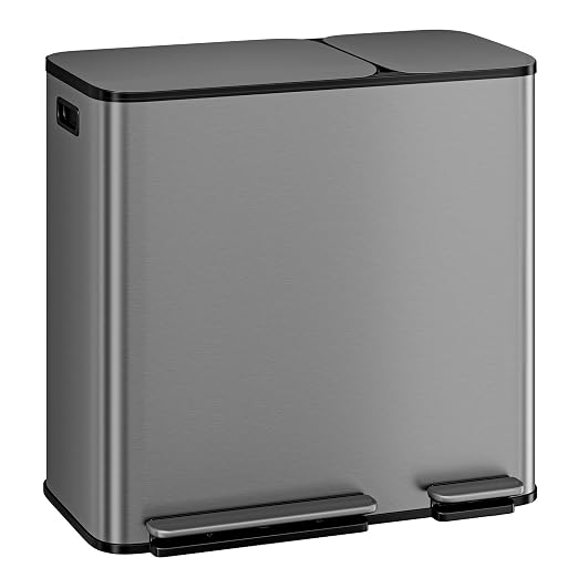 Dual Kitchen Trash Can 13.2 + 5.2 Gal (50+20L) Stainless Steel Trash Cans with Soft Close Lid Large Double Garbage and Recycling Bin with 2 Removable Inner Buckets Step-on Metal Garbage Cans Gray