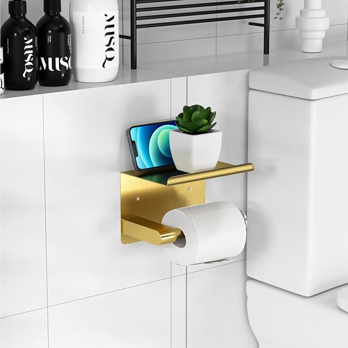 Brushed Gold Toilet Paper Holder Wall Mount, Fits Mega Rolls Size Rustproof Self Adhesive Brushed Brass Toilet Paper Holder Gold with Shelf