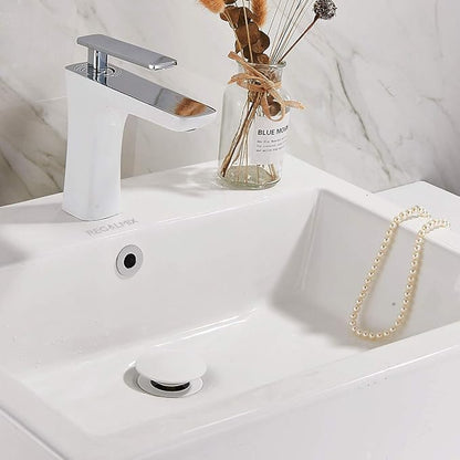 Vessel Sink Drain, Bathroom Faucet Vessel Sink Pop Up Drain Stopper, Built-in Anti-Clogging Strainer, with Overflow White, Fits Standard American Drain Hole(1-1/2" to 1-3/4") RWF083N