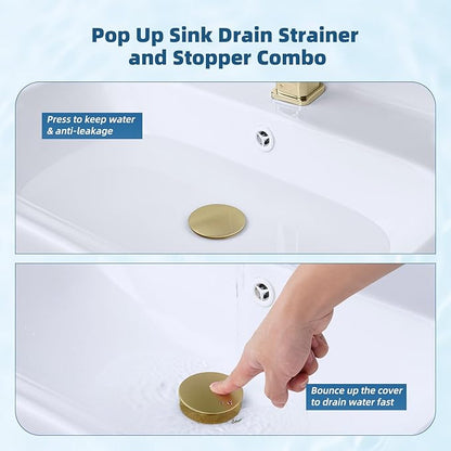 Hibbent 2 Pack Upgraded 3 in 1 Bathroom Sink Drain Strainer, Pop Up Sink Stopper with Big Cap, Anti-Clogging Metal Filter Basket,Sink Plug with Hair Catcher for 1.1''~2.36'' Basin, Brushed Gold
