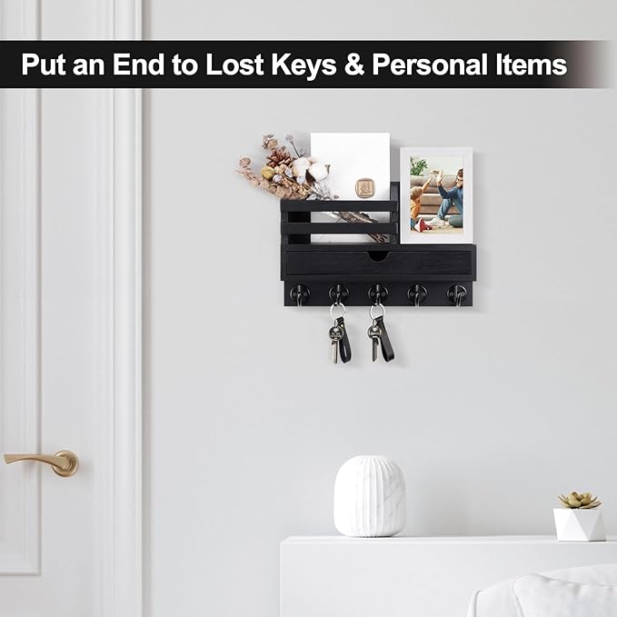 Key Holder Wall Mount, Mail Holder with Storage Drawer and 5 Key Hooks for Coat, Dog Leash, Home Decor Rack, House Accessories, Entry Way Organizer