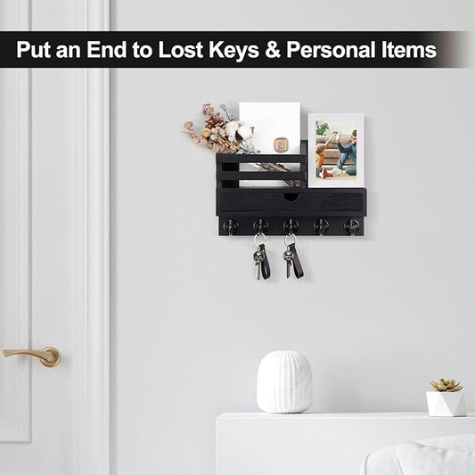Key Holder Wall Mount, Mail Holder with Storage Drawer and 5 Key Hooks for Coat, Dog Leash, Home Decor Rack, House Accessories, Entry Way Organizer