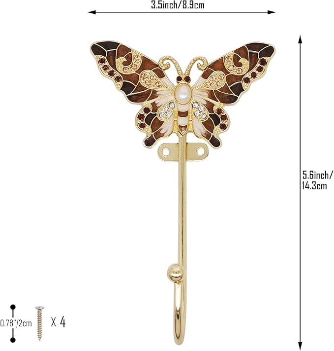 Vintage Butterfly Decorative Wall Hooks Rack Hangers for Hanging Clothes Coats Towels Keys Hats, 2 Pack Antique Metal Mounted Wall Hook