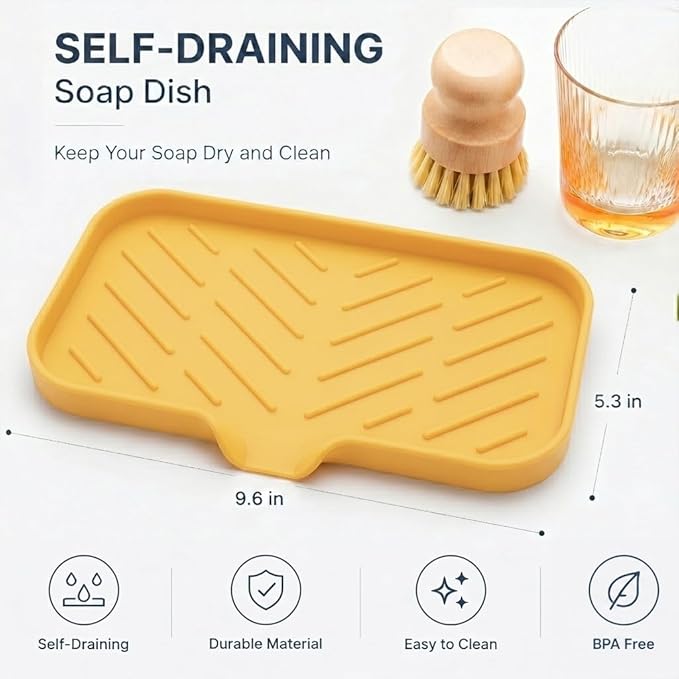 MicoYang Silicone Soap Dish with Drain Spout — Self-Draining Sink Organizer Tray for Bathroom & Kitchen, Sponges, Dispensers & Soap Holder, Non-Slip & Dishwasher Safe, Yellow (Medium, 9.6"×5.3")