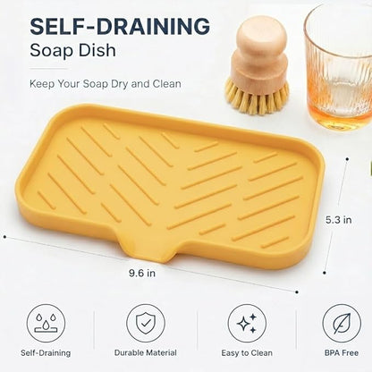 MicoYang Silicone Soap Dish with Drain Spout — Self-Draining Sink Organizer Tray for Bathroom & Kitchen, Sponges, Dispensers & Soap Holder, Non-Slip & Dishwasher Safe, Yellow (Medium, 9.6"×5.3")