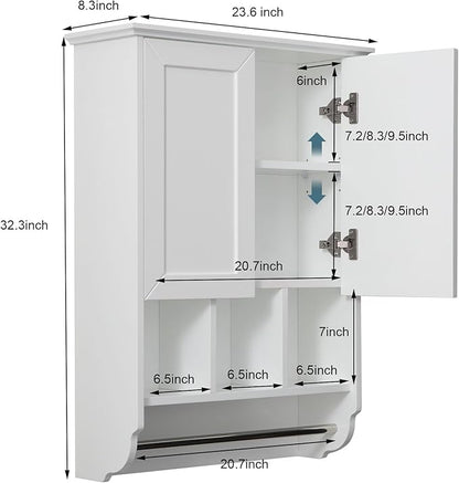 White Bathroom Wall Cabinet with Towel Bar,Wooden Medicine Cabinet Adjustable Shelves,23x32 Inch Kitchen Cabinet,Over Toilet Storage Cabinet for Bathroom,Kitchen,Laundry