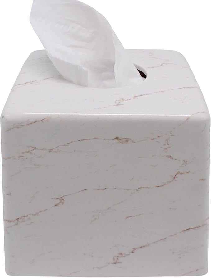 Marble Tissue Box Cover Square Decorative Stone Klenex Box Holder for Bathroom & Living Room with Handcrafted Texture (Marble-B)