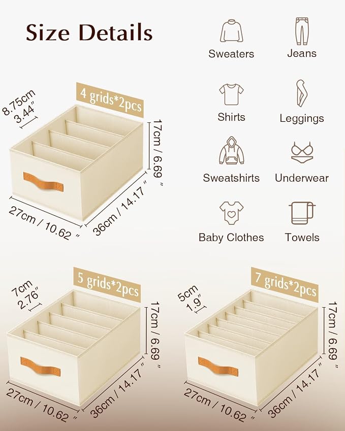 DIMJ Wardrobe Clothes Organizer - 4/5/7 Grids Foldable Closet Drawer Organizer Dividers for Jeans, Pants, Sweater, T Shirt, Storage Bins with Handles for Shelf