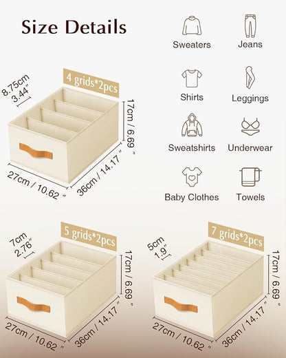 DIMJ Wardrobe Clothes Organizer - 4/5/7 Grids Foldable Closet Drawer Organizer Dividers for Jeans, Pants, Sweater, T Shirt, Storage Bins with Handles for Shelf