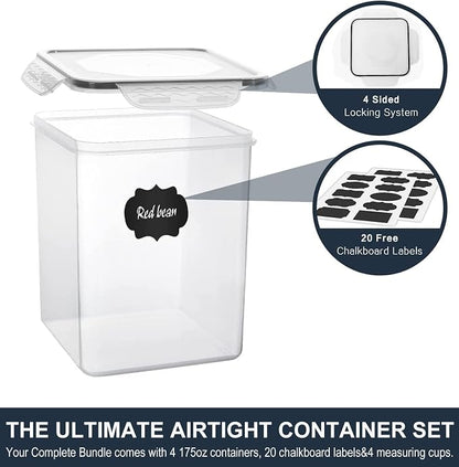 Large Food Storage Containers 5.2L (175oz), MCIRCO 4 Pieces Plastic Airtight Food Storage Containers for Flour, Sugar, Baking Supplies, with 4 Measuring Cups and 20 Labels