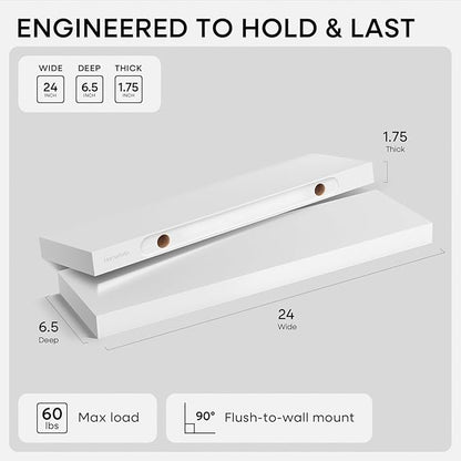 Homeforia White Floating Shelves 24 inch, High End Solid Real Wood 24inch Bathroom Floating Shelf for Wall Mounted, White Wooden 24in Floating Shelves, Heavy Duty Bracket, 24 X 6.5 X 1.75 in, Set of 2