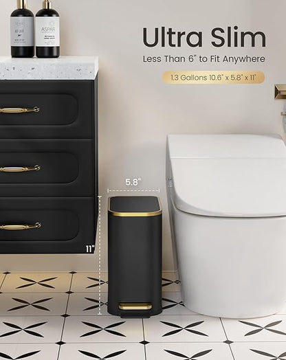Cesun Small Bathroom Trash Can with Lid Soft Close, 5 Liter/1.3 Gallon Stainless Steel Garbage Can with Removable Inner Bucket, Step Pedal, Slim Waste Basket for Toilet, Office, Bedroom (Black&Gold)