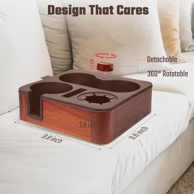 Couch Cup Holder Tray, Real Acacia Wooden Caddy with Soft Silicone, Snack and Drink Organizer- Perfect Movie Night Accessories for Bed, Remote and Cup Holders for Sofa (Coffee)