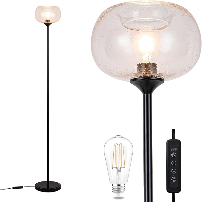 MAYNA Living Room Floor Lamp, Modern Vertical Lamp with Clear Bubble Shade, 67" Tall, Suitable for Bedroom, Study, Office (Includes 2700K Bulb) (Black and Clear)