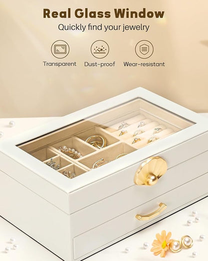 Jewelry Box with 1 Drawers: Display Organizer for Earrings Necklaces - Christmas Gifts for Girls Women (White)