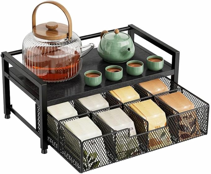 Tea Bag Organizer, Tea Bag Holder with Drawer, Wood and Metal Tea Organizers and Storage Chest for Countertop Kitchen, Office, Black