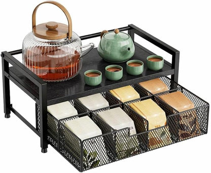 Tea Bag Organizer, Tea Bag Holder with Drawer, Wood and Metal Tea Organizers and Storage Chest for Countertop Kitchen, Office, Black