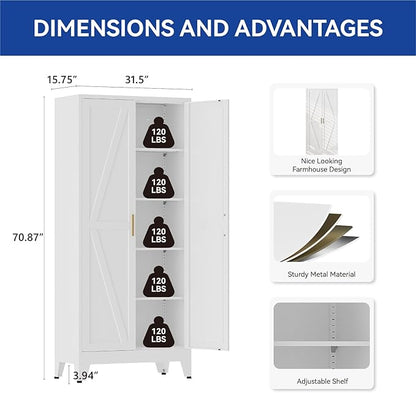 COFaR 71 in Tall Kitchen Pantry Cabinet, Metal Pantry Storage Cabinet with 4 Adjustable Shelves and 2 Barn Doors, White Freestanding Farmhouse Food Cupboard for Dining Room Living Room