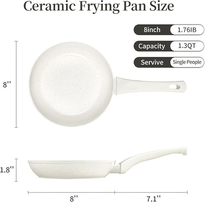 Innerwell 8 Inch Non Stick Frying Pan - White Ceramic Non Stick Skillet Frying Pans, Safe&No Toxic Egg Omelette Frying Pan, Small Nonstick Cookware Cooking Pan, Induction Compatible, PFOA&PFAS Free