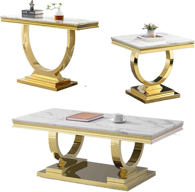 3 Piece Living Room Table Set Include 1 Faux Marble Coffee Table & 1 End Table & 1 Console Table, Modern White Gold Coffee Table Set of 3 with Double O Shape Stainless Steel Pedestal Base