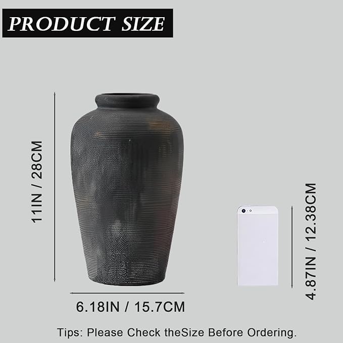 NEBRYX Large Ceramic Vase, 11 inch Minimalist Vase for Home Decor, Handmade Farmhouse Flower Vase for Table Centerpiece, Wedding, Living Room, Kitchen Decoration, Shelf Decor (Black)