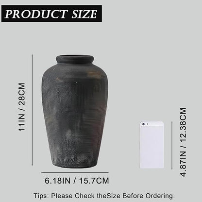 NEBRYX Large Ceramic Vase, 11 inch Minimalist Vase for Home Decor, Handmade Farmhouse Flower Vase for Table Centerpiece, Wedding, Living Room, Kitchen Decoration, Shelf Decor (Black)